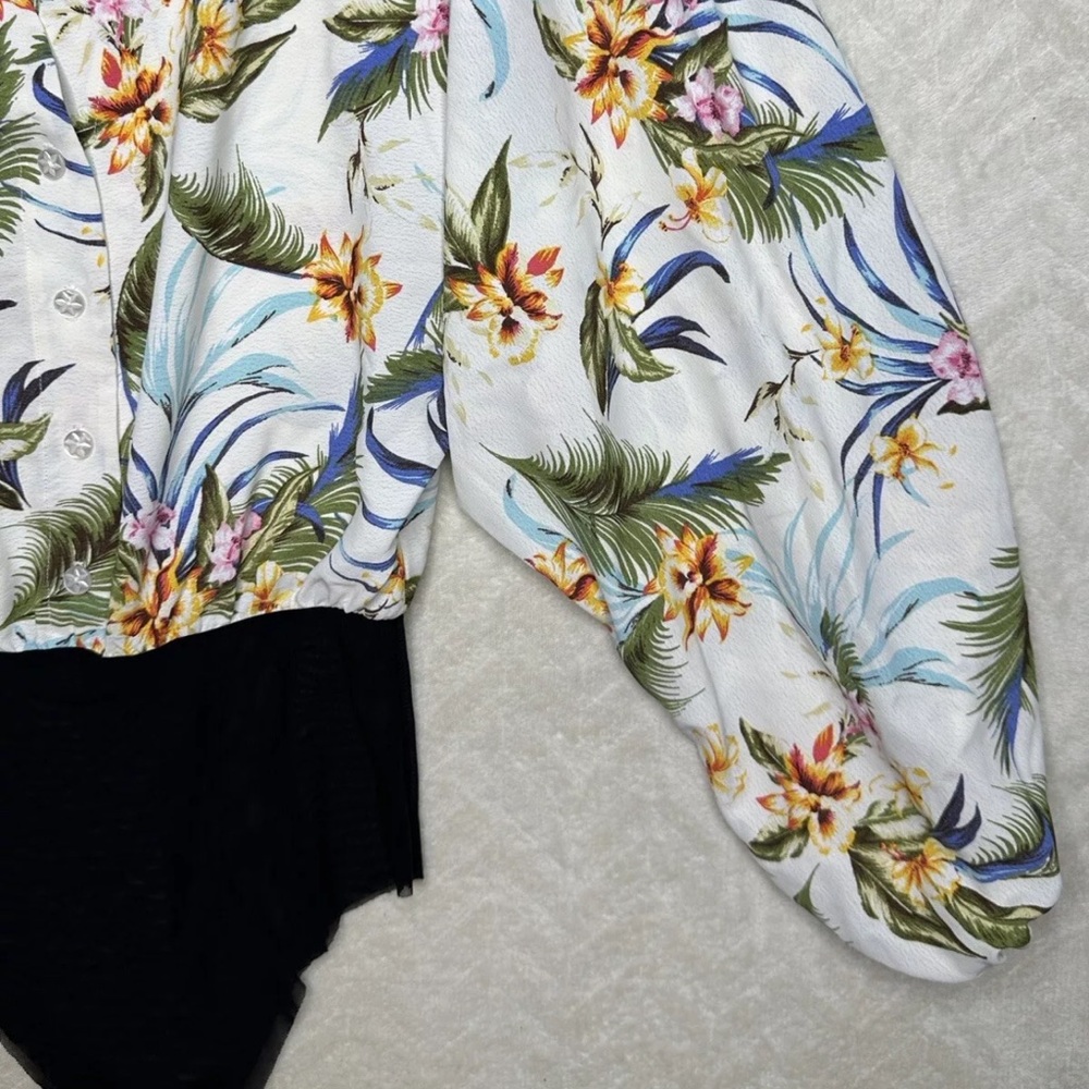 FKSP Women’s Hawaiian Floral Bodysuit Small Mesh Panties Bell Sleeve Button Down - Picture 4 of 15